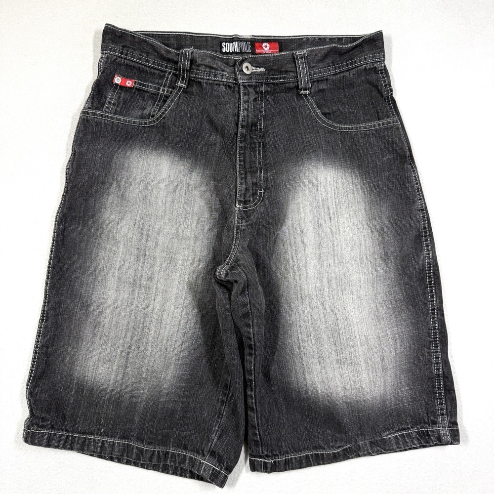 Vintage Southpole Jean Shorts SZ 34 Faded Black Y2K Red Tab Baggy Wide Leg Jorts